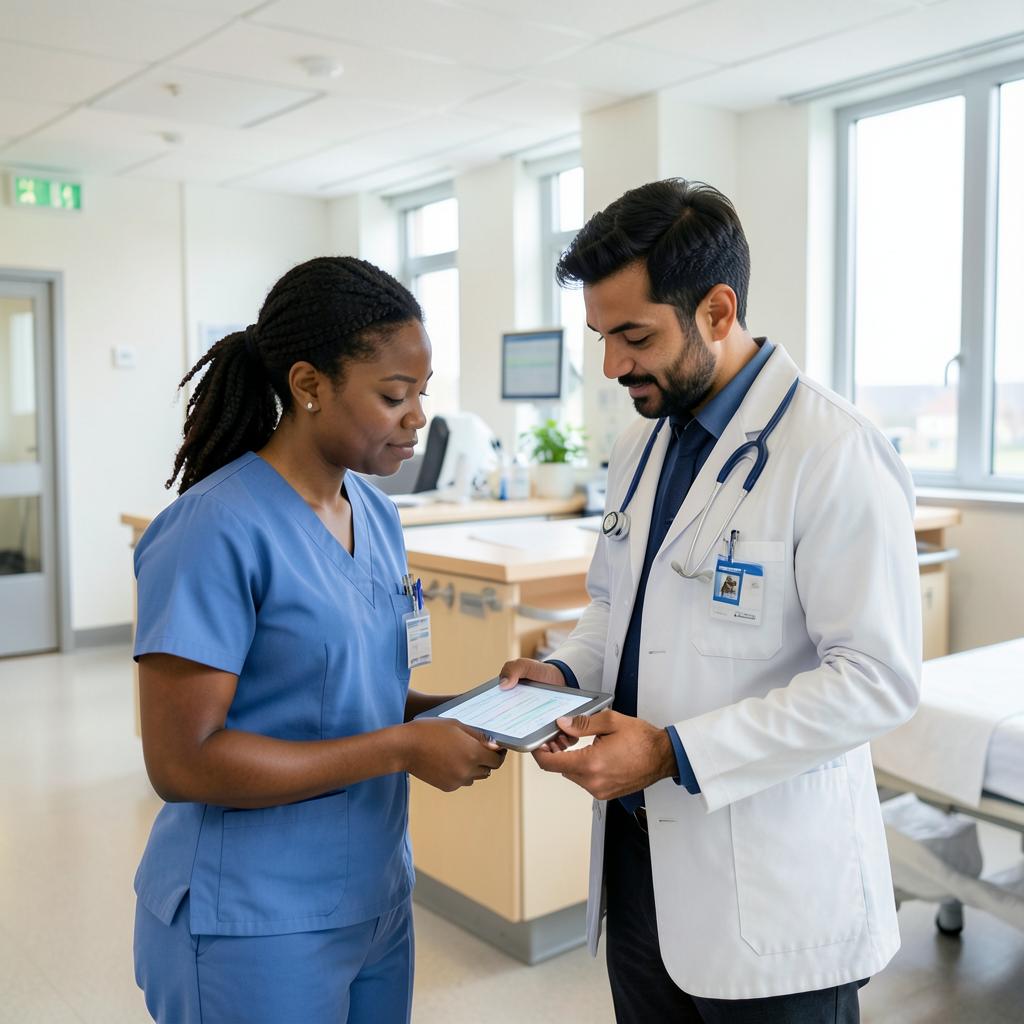 A nurse and doctor reviewing care information together in a hospital